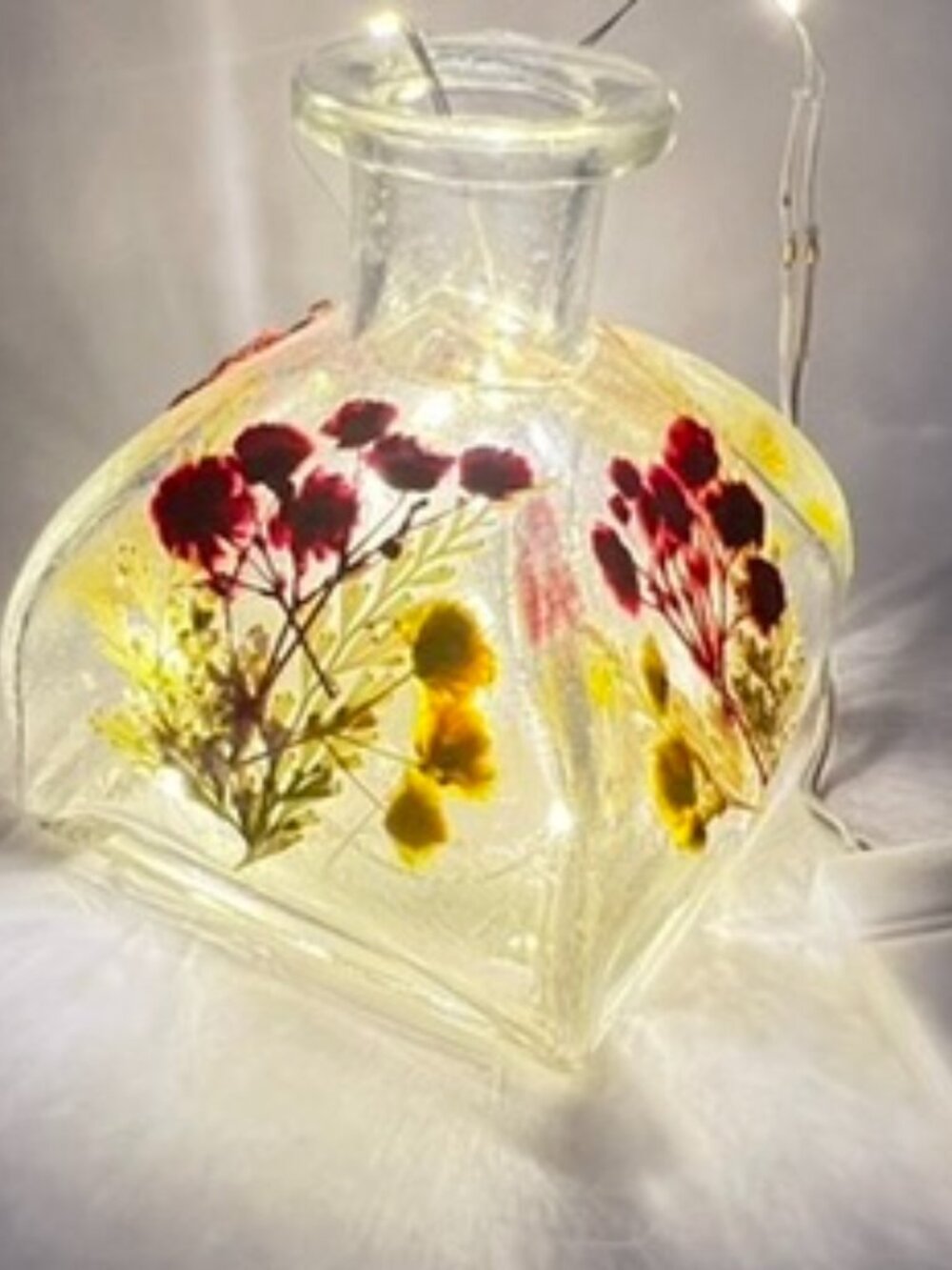 Dried Pressed Flowers Glass Bottle Ferry Lights 3x2.5" Red Yellow Cottagecore